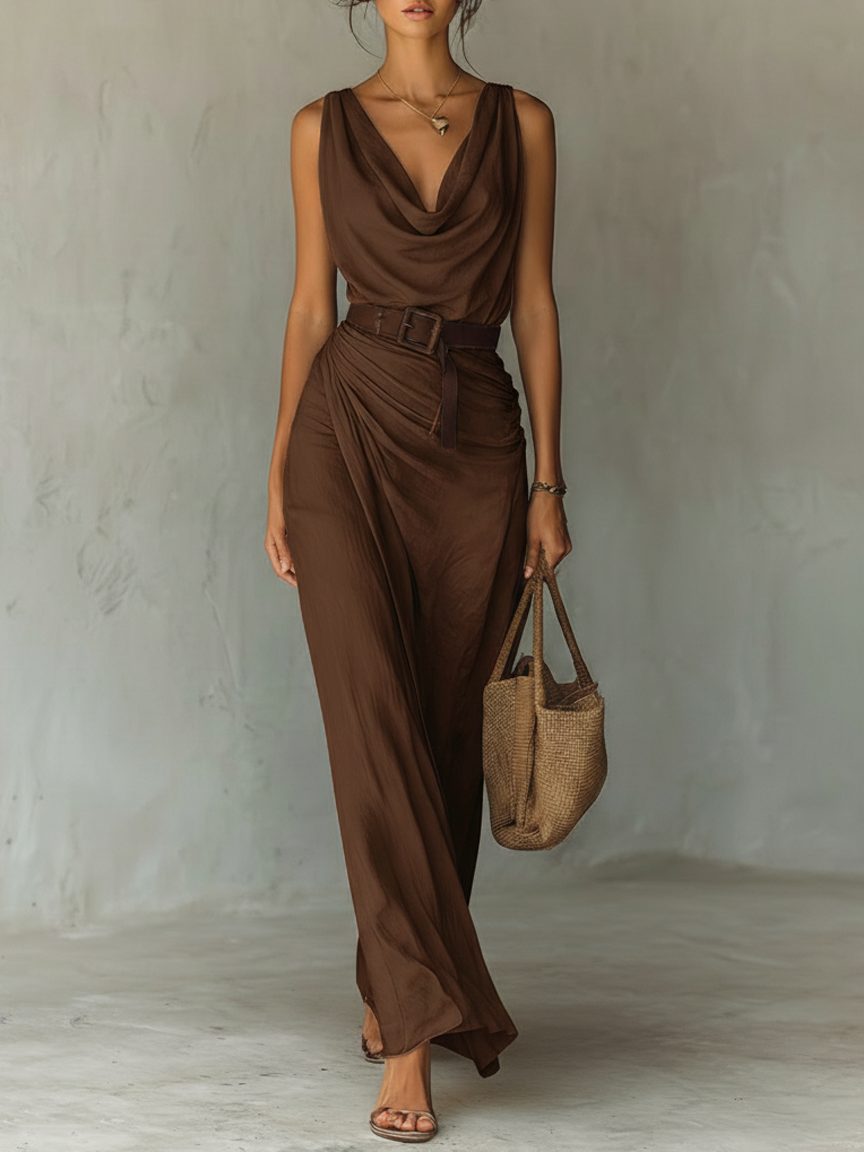 Women's Brown Cowl-Neck Maxi Dress with Belt and Wrap Skirt - Maisie London