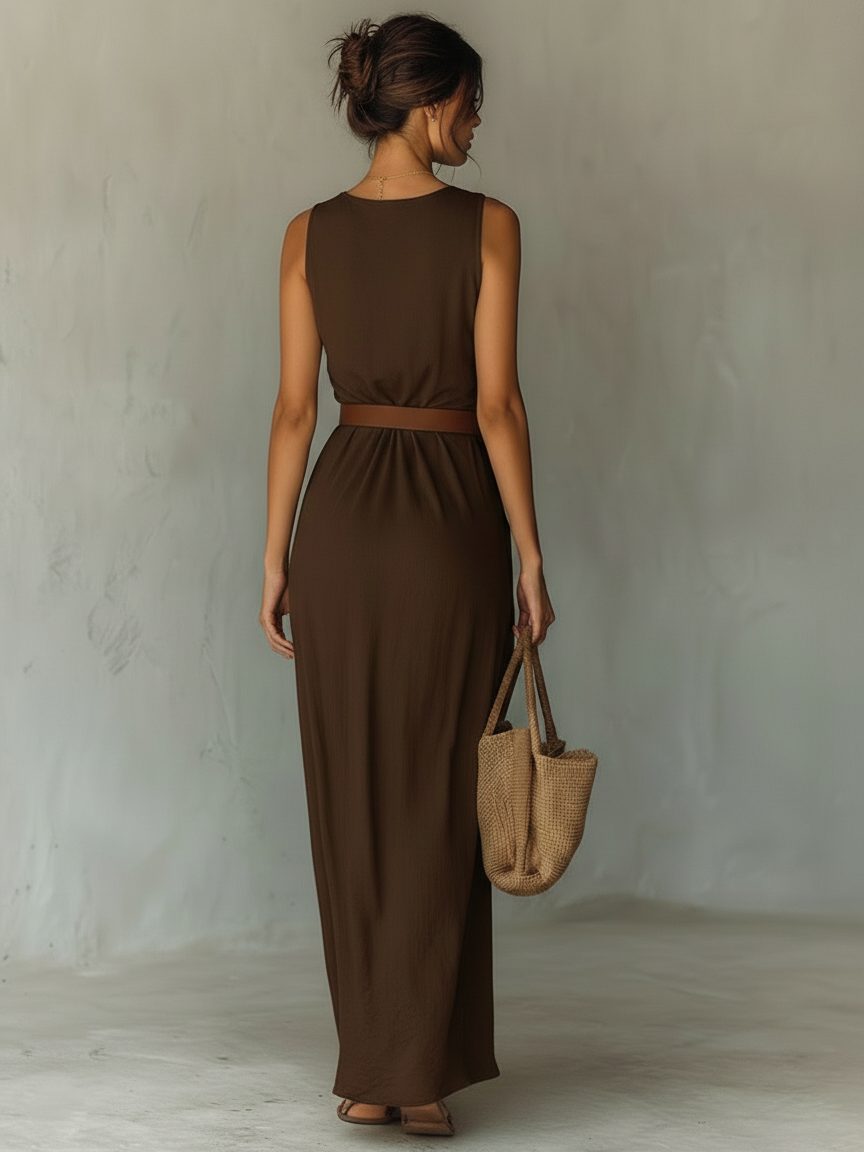 Women's Brown Cowl-Neck Maxi Dress with Belt and Wrap Skirt - Maisie London