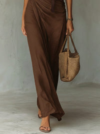 Women's Brown Cowl-Neck Maxi Dress with Belt and Wrap Skirt - Maisie London