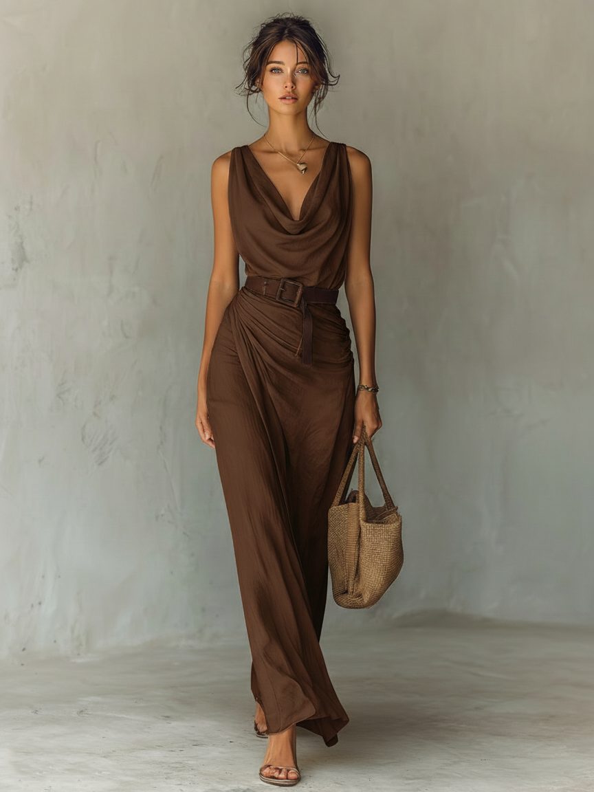 Women's Brown Cowl-Neck Maxi Dress with Belt and Wrap Skirt - Maisie London