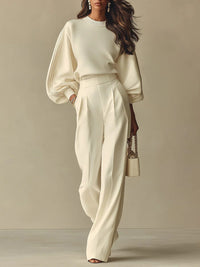 Women's Beige Wide-Leg Trouser Co-ord Set with Balloon Sleeves - Maisie London