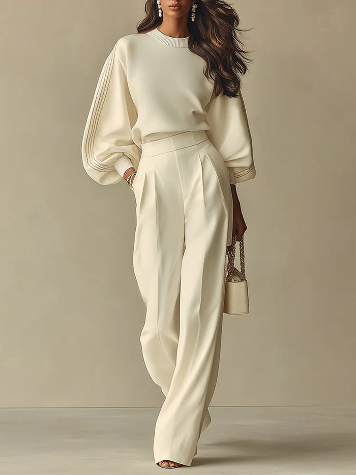 Women's Beige Wide-Leg Trouser Co-ord Set with Balloon Sleeves - Maisie London
