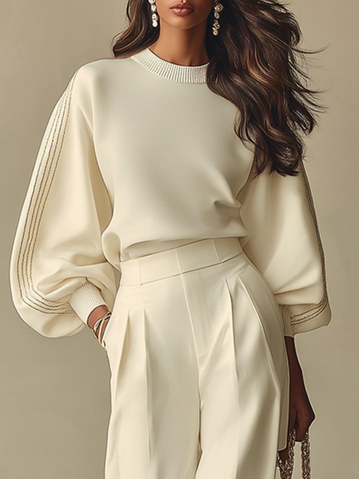 Women's Beige Wide-Leg Trouser Co-ord Set with Balloon Sleeves - Maisie London