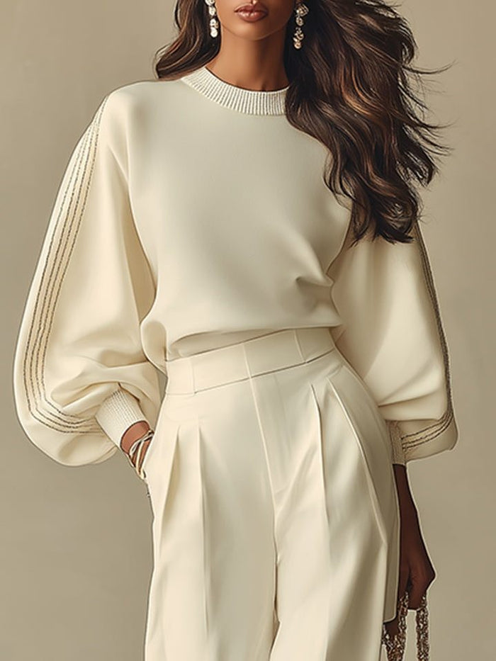 Women's Beige Wide-Leg Trouser Co-ord Set with Balloon Sleeves - Maisie London