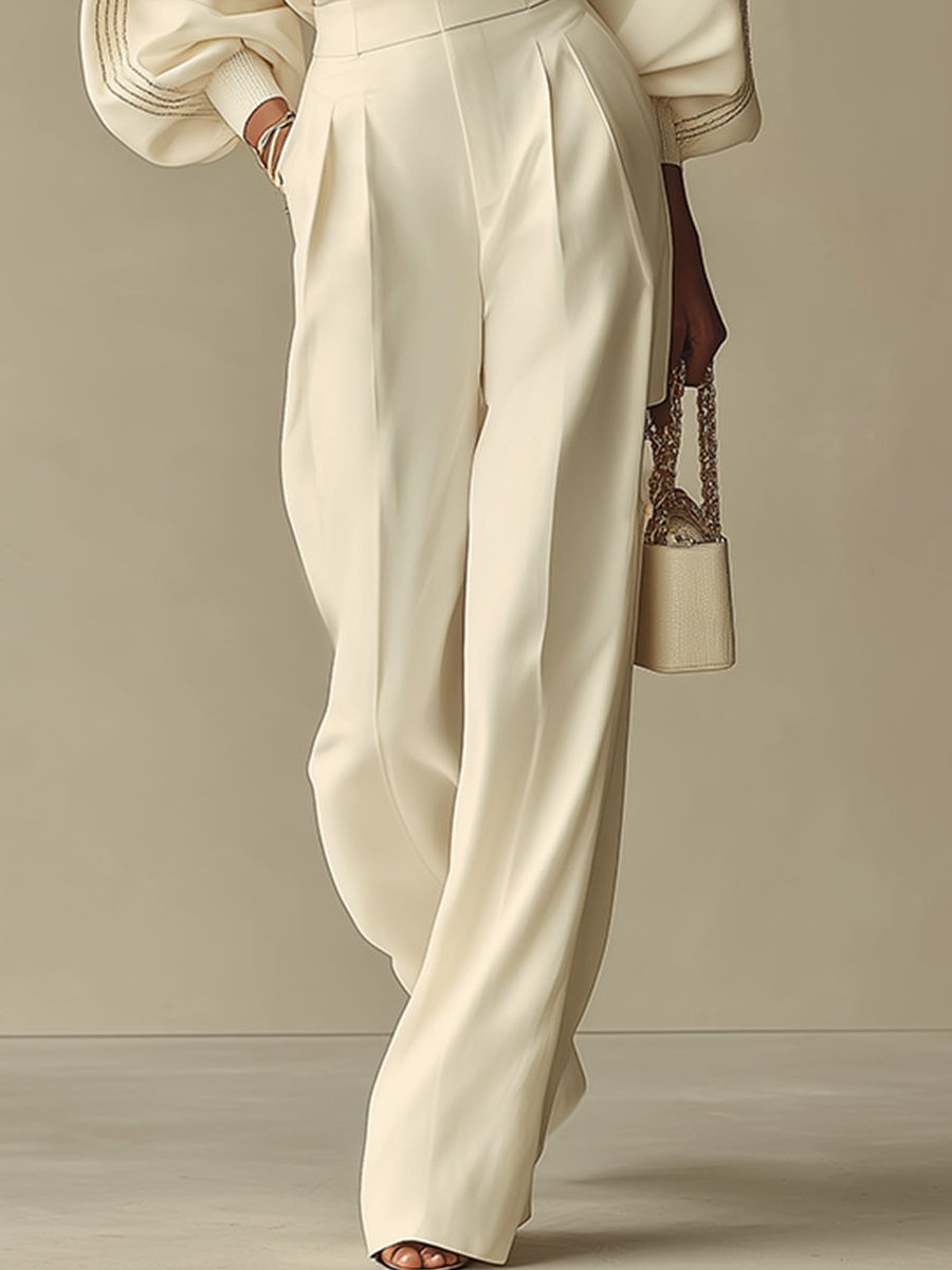 Women's Beige Wide-Leg Trouser Co-ord Set with Balloon Sleeves - Maisie London