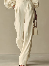 Women's Beige Wide-Leg Trouser Co-ord Set with Balloon Sleeves - Maisie London