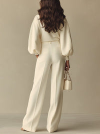 Women's Beige Wide-Leg Trouser Co-ord Set with Balloon Sleeves - Maisie London