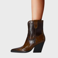 Women's Croc Faux Leather Ankle Boots with Wedge Heel and Pointed-Toe - Maisie London