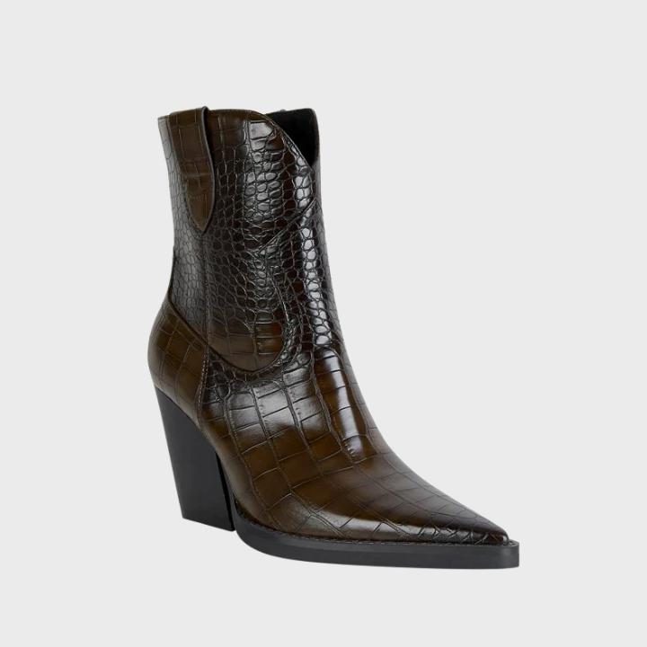 Women's Croc Faux Leather Ankle Boots with Wedge Heel and Pointed-Toe - Maisie London