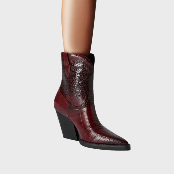 Women's Croc Faux Leather Ankle Boots with Wedge Heel and Pointed-Toe - Maisie London