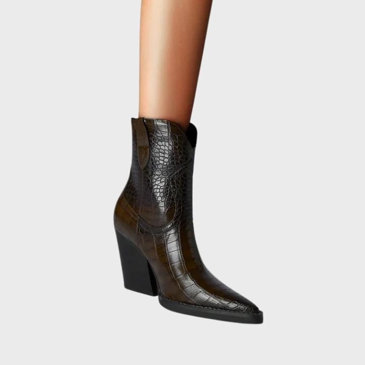 Women's Croc Faux Leather Ankle Boots with Wedge Heel and Pointed-Toe - Maisie London