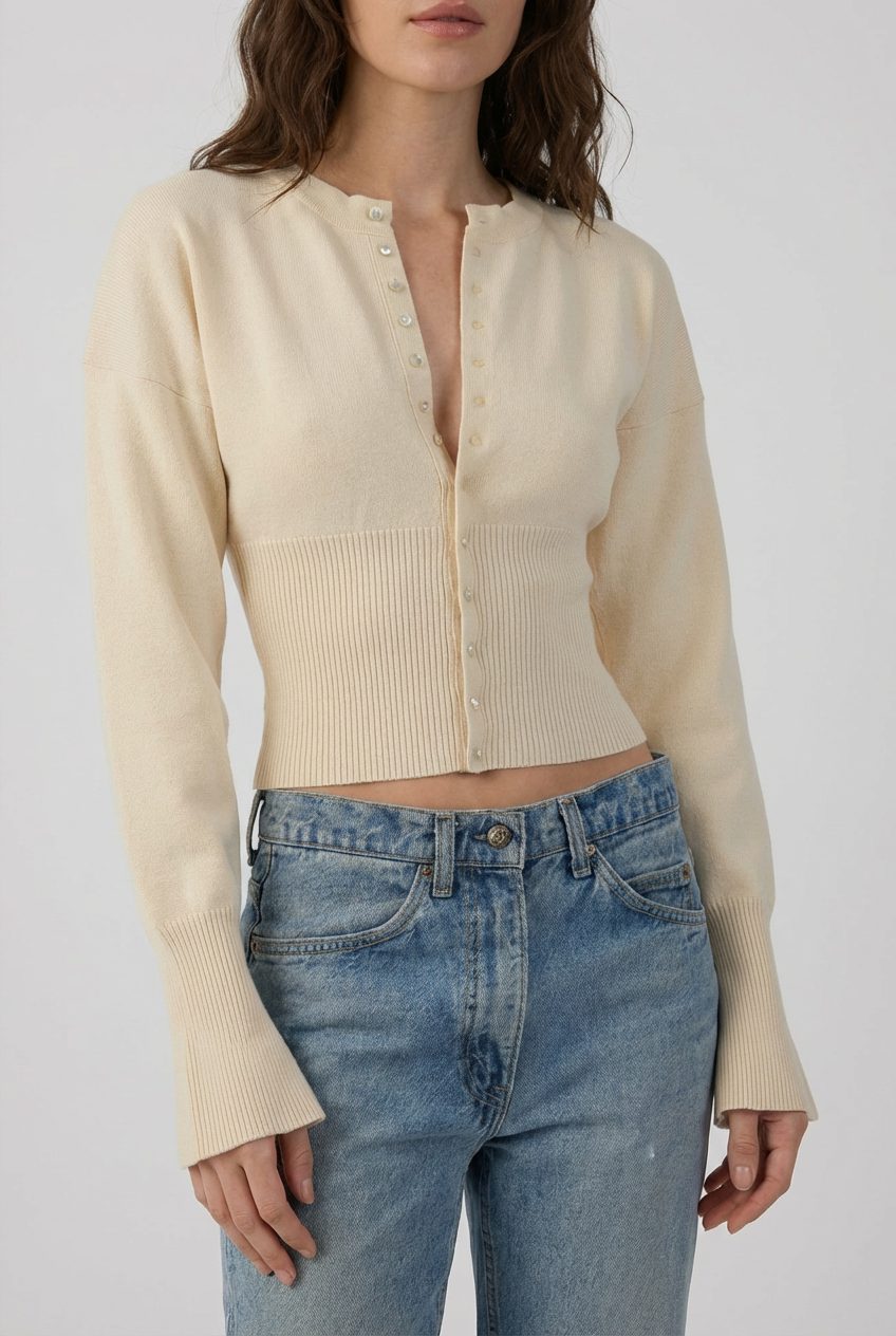 Women's Knitted Cropped Cardigan with Button-Front and Ribbed Waist - Maisie London