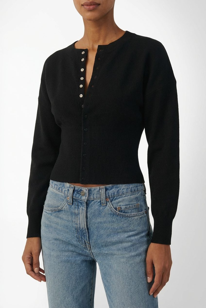 Women's Knitted Cropped Cardigan with Button-Front and Ribbed Waist - Maisie London