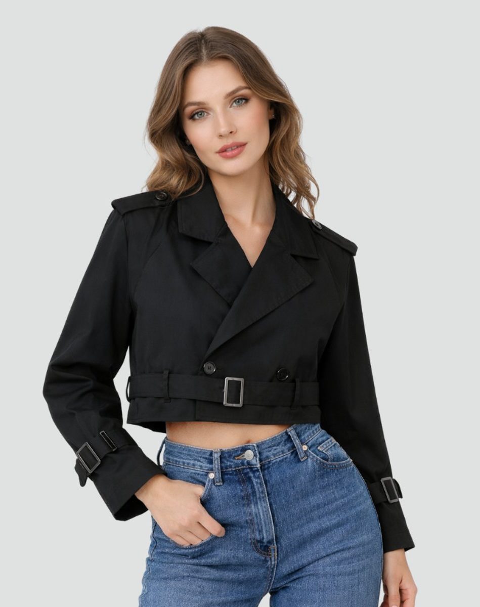 Women's Cropped Double-Breasted Trench Jacket with Belt and Epaulettes - Maisie London