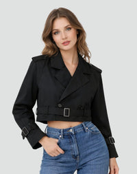 Women's Cropped Double-Breasted Trench Jacket with Belt and Epaulettes - Maisie London