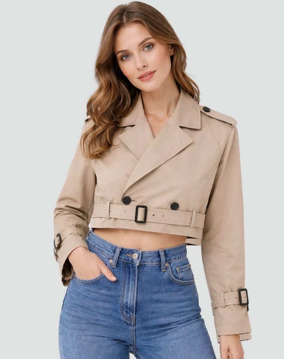 Women's Cropped Double-Breasted Trench Jacket with Belt and Epaulettes - Maisie London