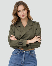 Women's Cropped Double-Breasted Trench Jacket with Belt and Epaulettes - Maisie London