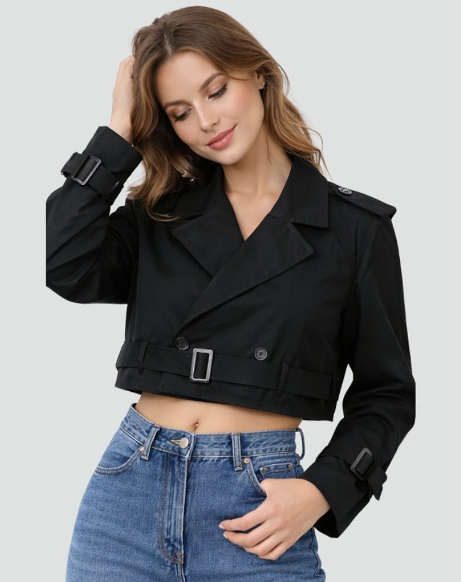 Women's Cropped Double-Breasted Trench Jacket with Belt and Epaulettes - Maisie London