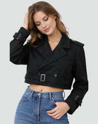 Women's Cropped Double-Breasted Trench Jacket with Belt and Epaulettes - Maisie London