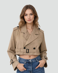 Women's Cropped Double-Breasted Trench Jacket with Belt and Epaulettes - Maisie London