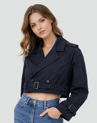 Women's Cropped Double-Breasted Trench Jacket with Belt and Epaulettes - Maisie London