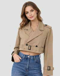 Women's Cropped Double-Breasted Trench Jacket with Belt and Epaulettes - Maisie London