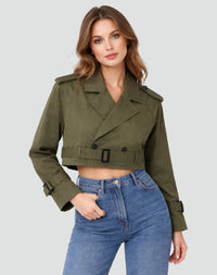 Women's Cropped Double-Breasted Trench Jacket with Belt and Epaulettes - Maisie London