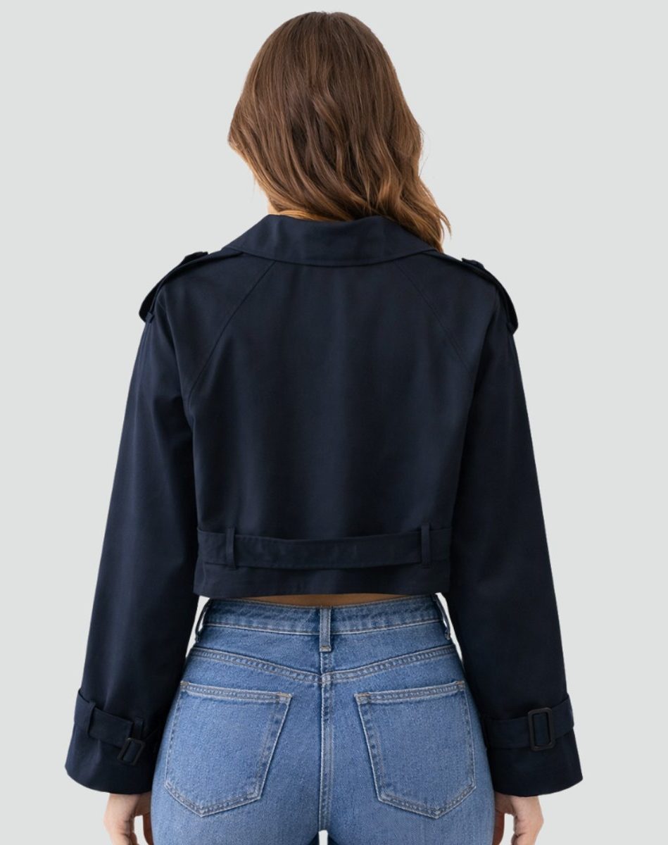 Women's Cropped Double-Breasted Trench Jacket with Belt and Epaulettes - Maisie London