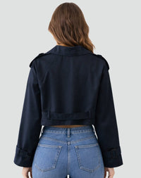 Women's Cropped Double-Breasted Trench Jacket with Belt and Epaulettes - Maisie London