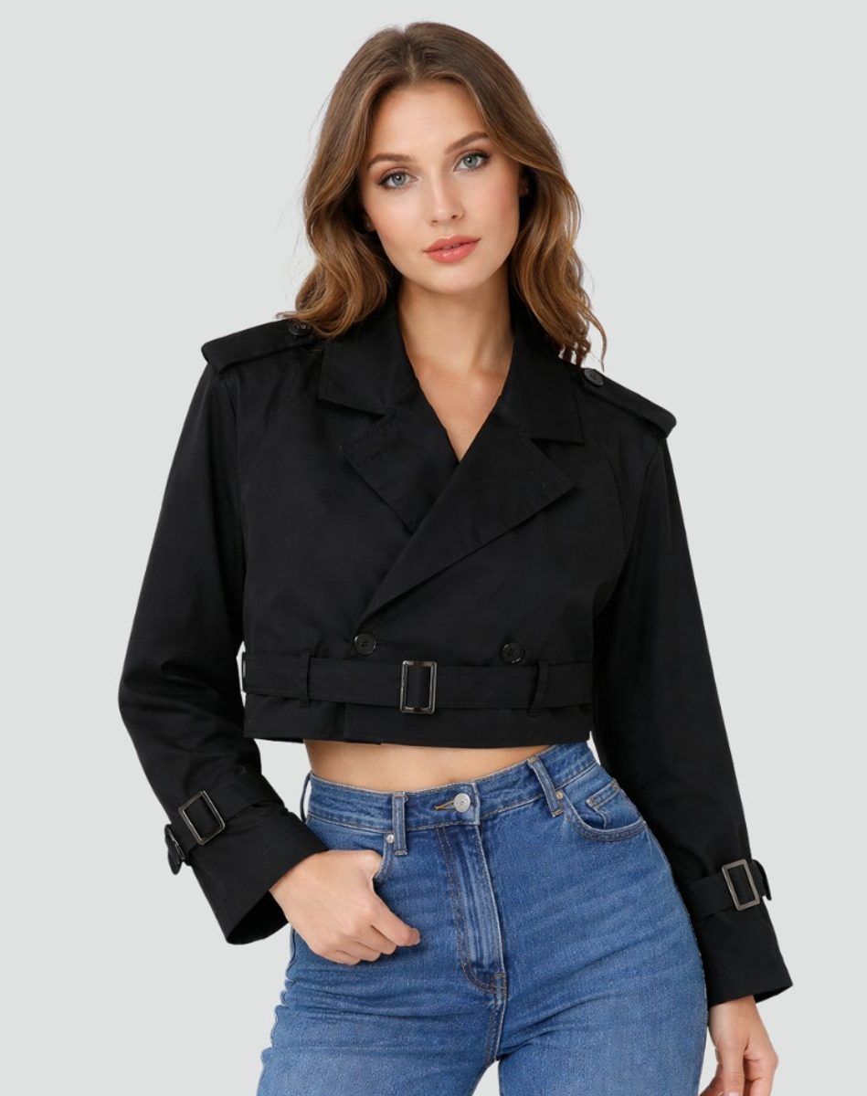 Women's Cropped Double-Breasted Trench Jacket with Belt and Epaulettes - Maisie London