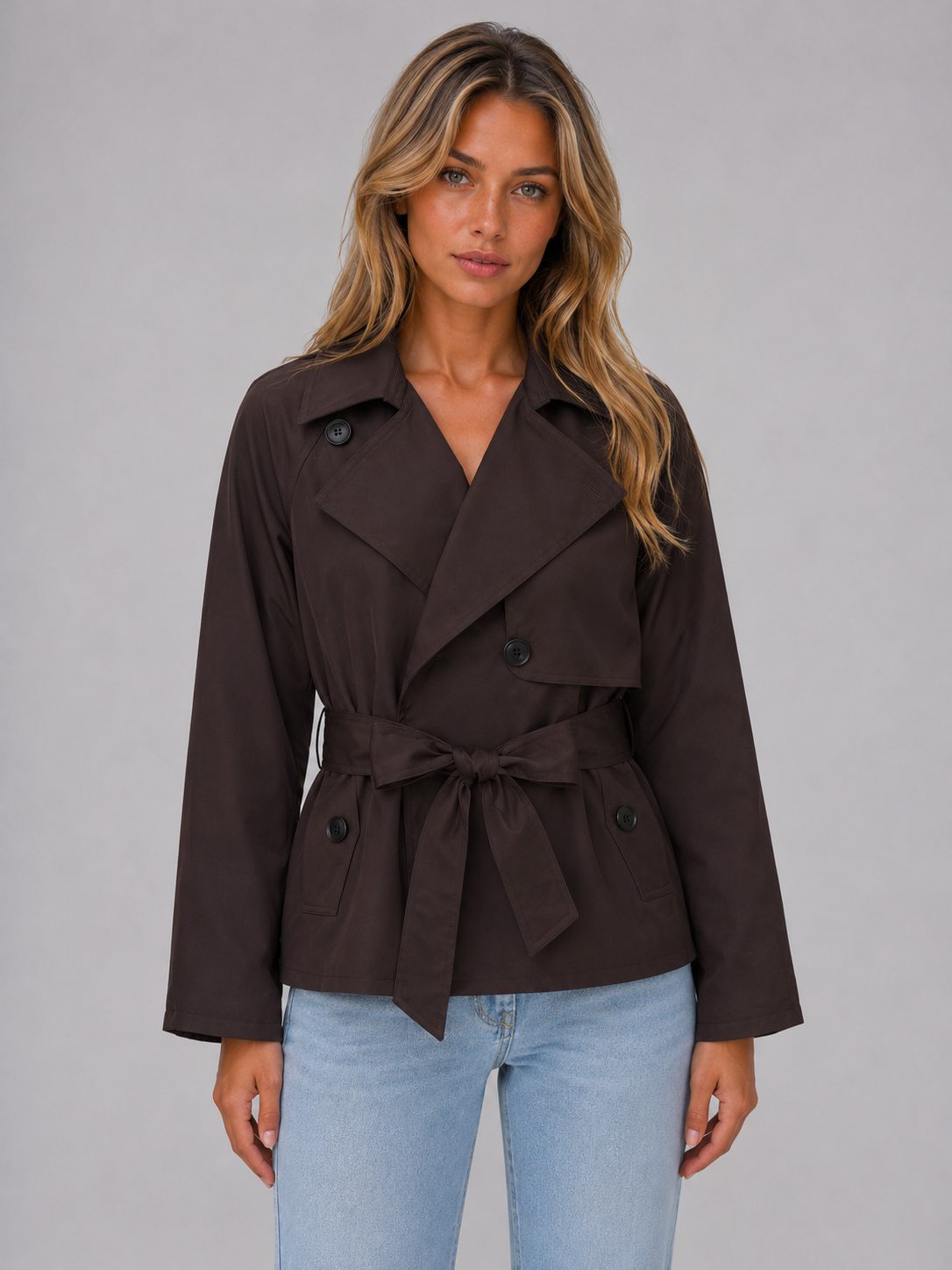 Women's Cropped Double-Breasted Trench Jacket with Tie Waist - Maisie London
