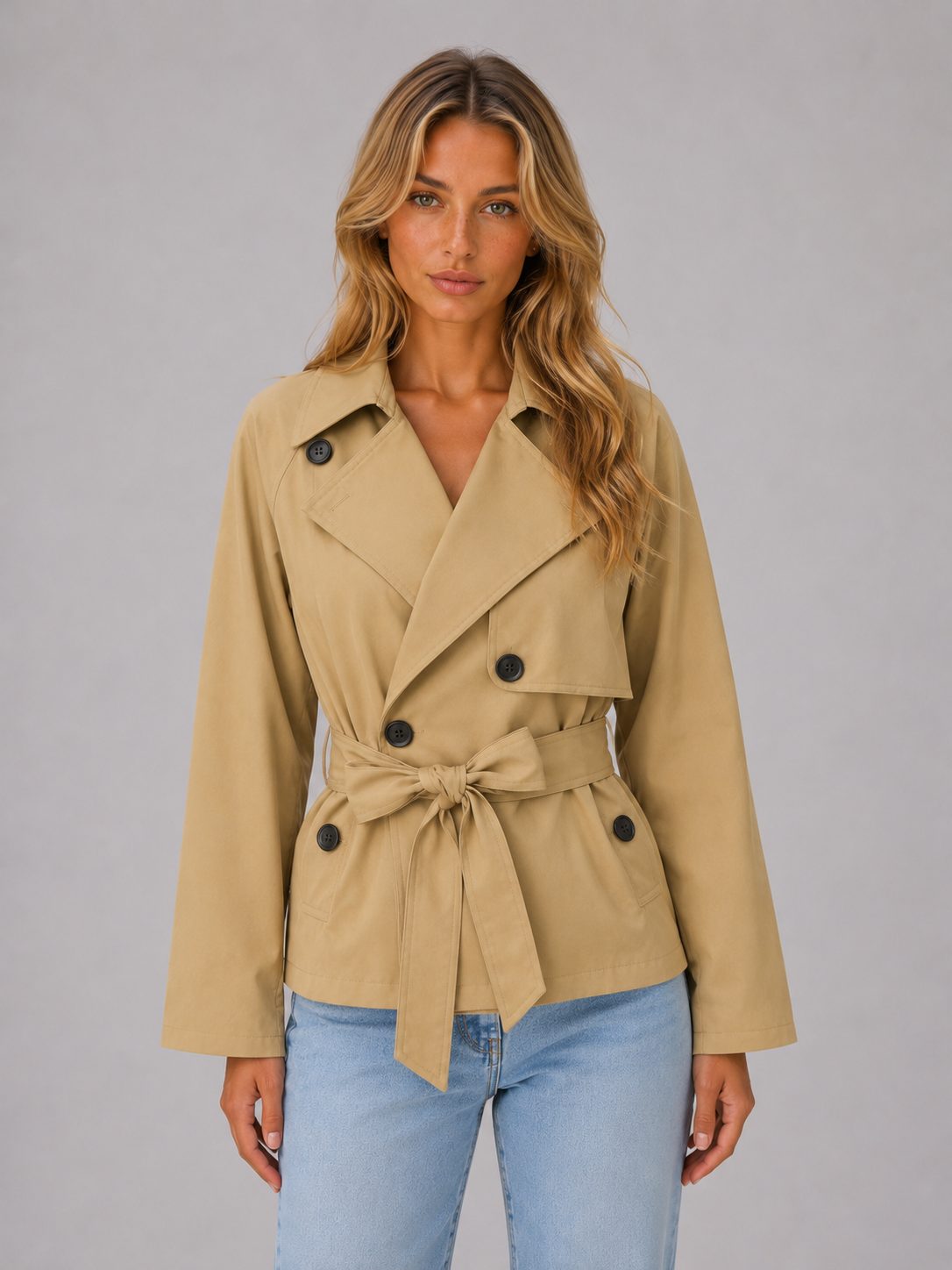Women's Cropped Double-Breasted Trench Jacket with Tie Waist - Maisie London