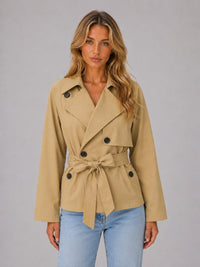 Women's Cropped Double-Breasted Trench Jacket with Tie Waist - Maisie London