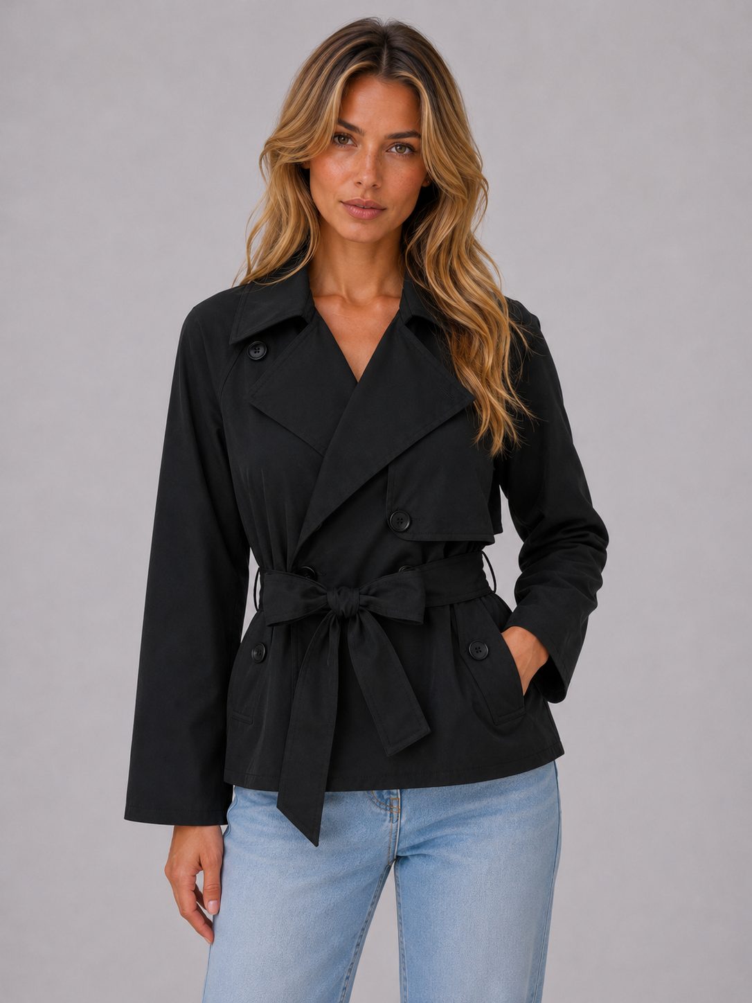 Women's Cropped Double-Breasted Trench Jacket with Tie Waist - Maisie London