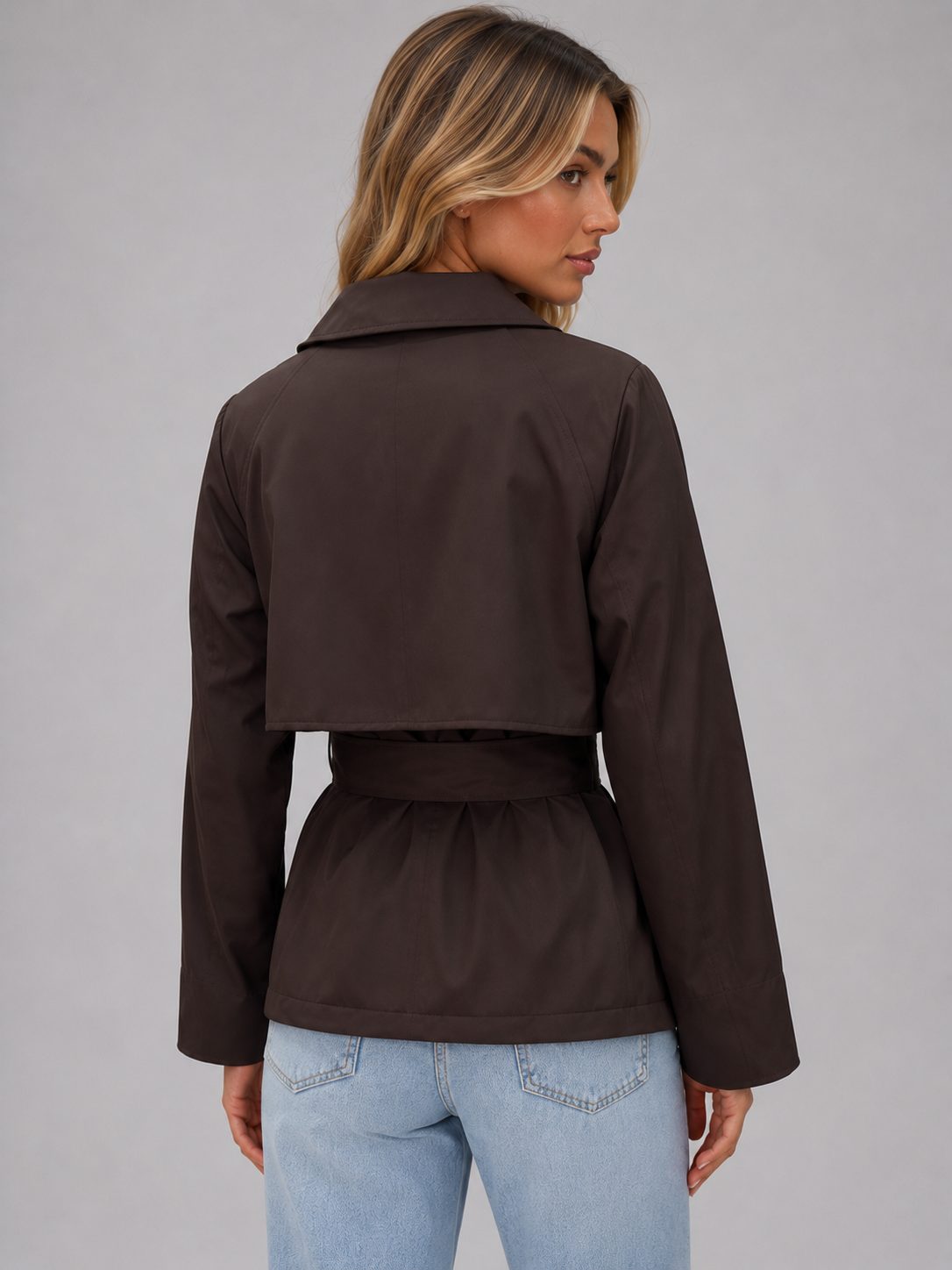 Women's Cropped Double-Breasted Trench Jacket with Tie Waist - Maisie London