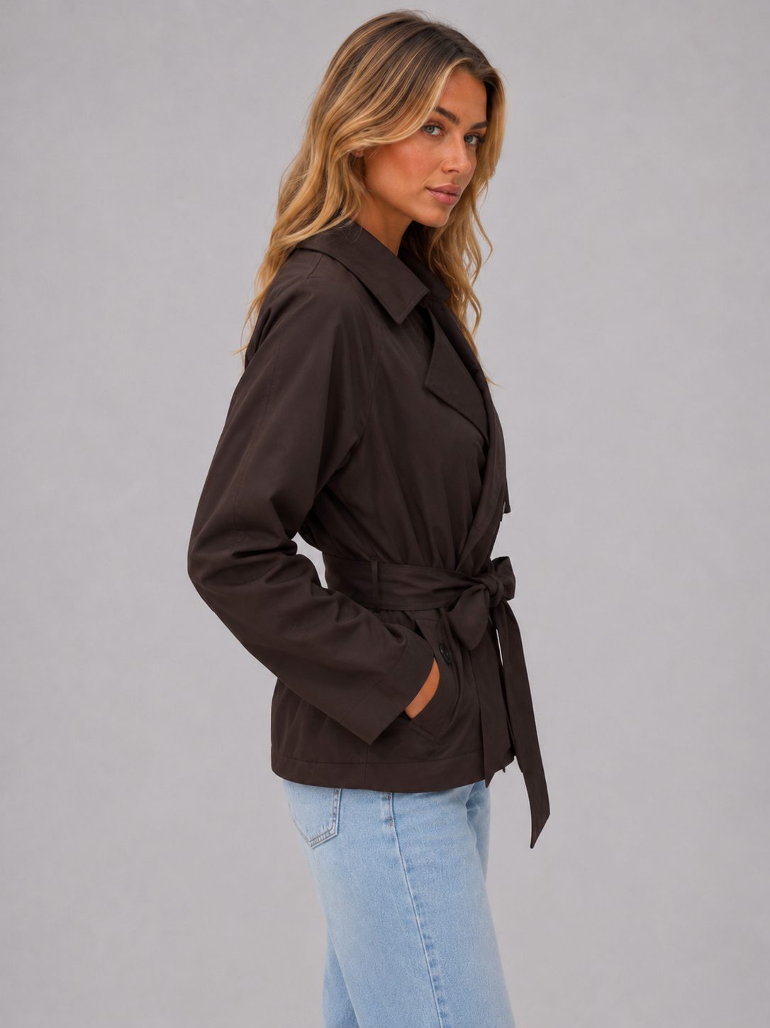 Women's Cropped Double-Breasted Trench Jacket with Tie Waist - Maisie London