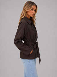 Women's Cropped Double-Breasted Trench Jacket with Tie Waist - Maisie London