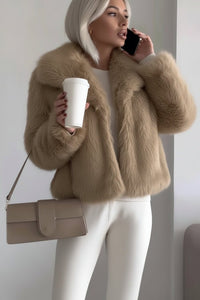 Women's Cropped Faux Fur Jacket with Shawl Collar and Long Sleeves - Maisie London