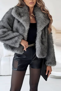 Women's Cropped Faux Fur Jacket with Shawl Collar and Long Sleeves - Maisie London