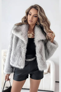 Women's Cropped Faux Fur Jacket with Shawl Collar and Long Sleeves - Maisie London