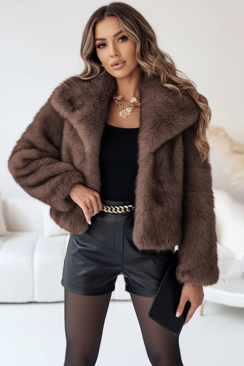 Women's Cropped Faux Fur Jacket with Shawl Collar and Long Sleeves - Maisie London