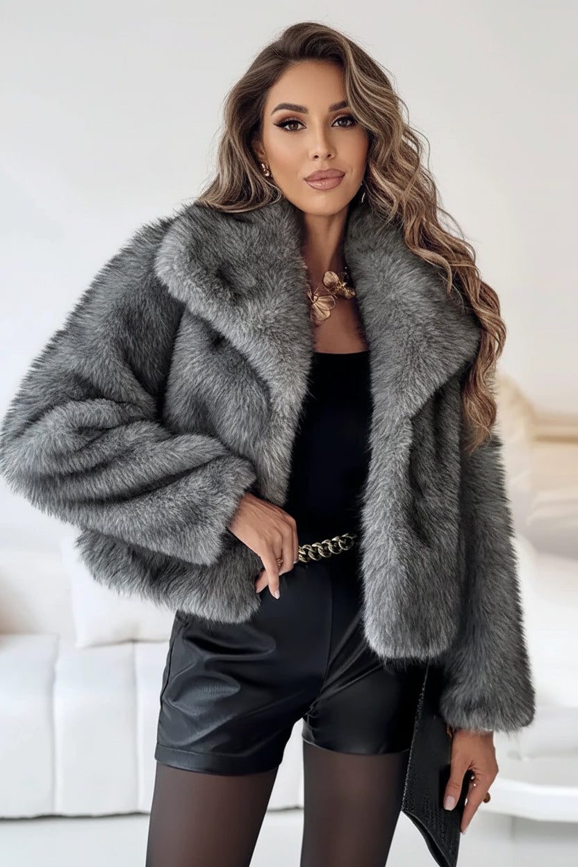 Women's Cropped Faux Fur Jacket with Shawl Collar and Long Sleeves - Maisie London