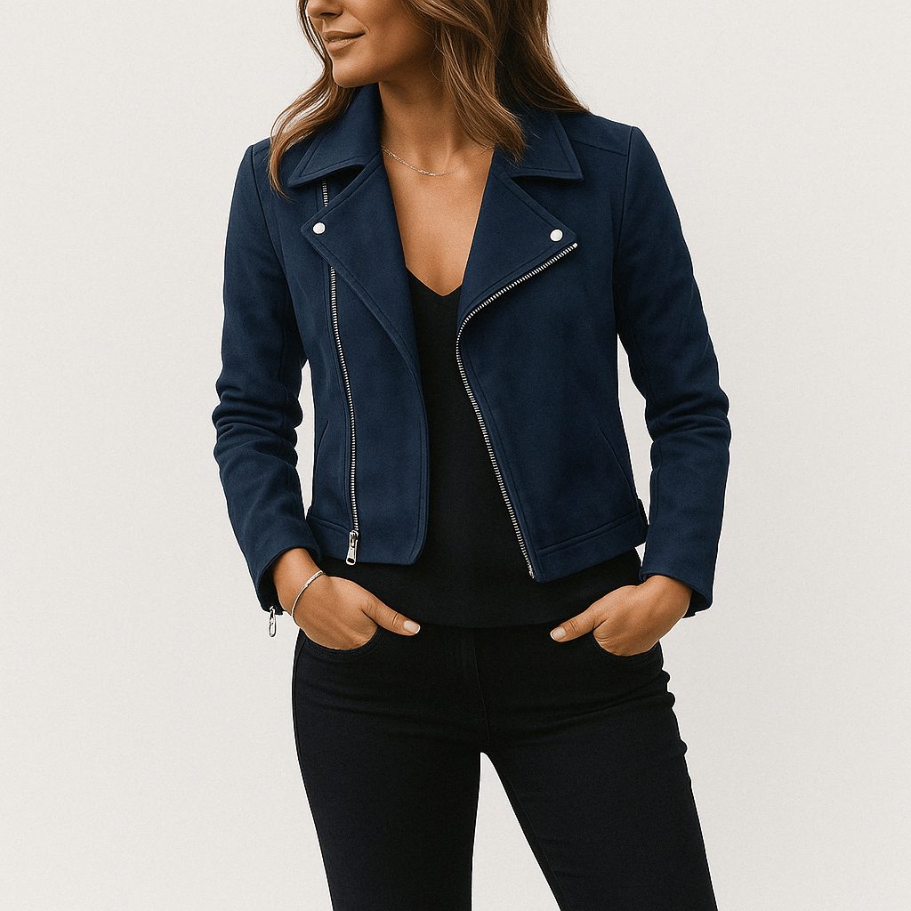 Women's Faux Suede Cropped Biker Jacket with Asymmetric Zip - Maisie London