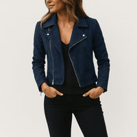 Women's Faux Suede Cropped Biker Jacket with Asymmetric Zip - Maisie London