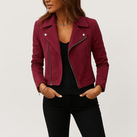 Women's Faux Suede Cropped Biker Jacket with Asymmetric Zip - Maisie London