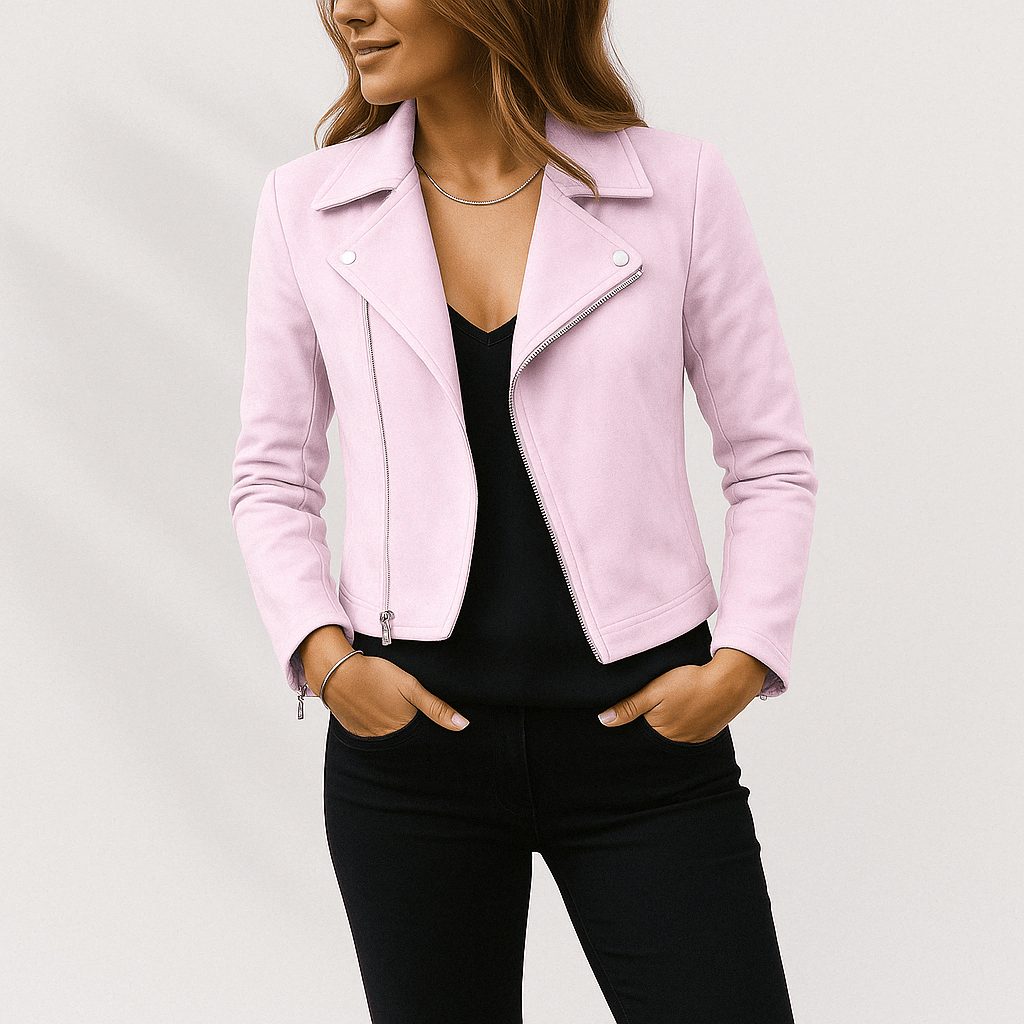 Women's Faux Suede Cropped Biker Jacket with Asymmetric Zip - Maisie London