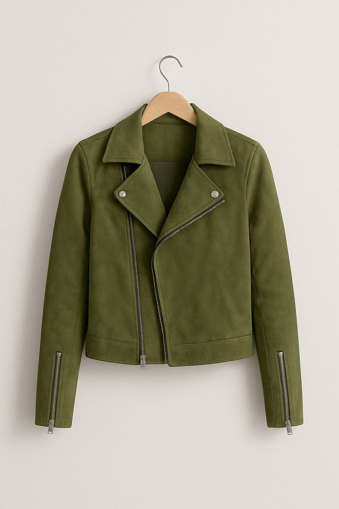 Women's Faux Suede Cropped Biker Jacket with Asymmetric Zip - Maisie London