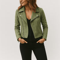 Women's Faux Suede Cropped Biker Jacket with Asymmetric Zip - Maisie London
