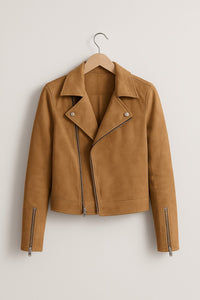 Women's Faux Suede Cropped Biker Jacket with Asymmetric Zip - Maisie London