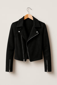 Women's Faux Suede Cropped Biker Jacket with Asymmetric Zip - Maisie London